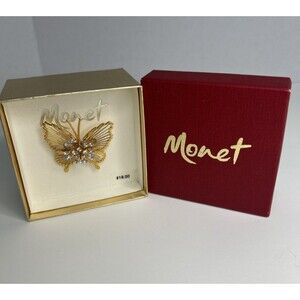 VTG MONET Butterfly Brooch Pin Rhinestone Gold Tone, Open Wire Wings, Classic